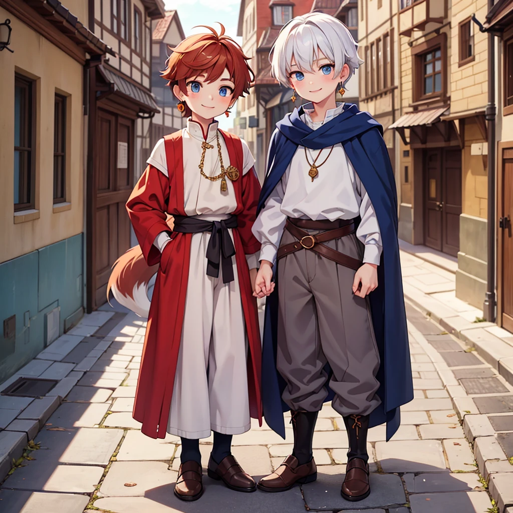 Beautiful, high quality, a 14 years old fox boy, 4'6, blue eyes, white hair, full body, 1 boy, cute face, earrings, auburn hair, looking at the camera, smiling, wearing a boy medieval style clothes, stand in a middle of street of medieval city