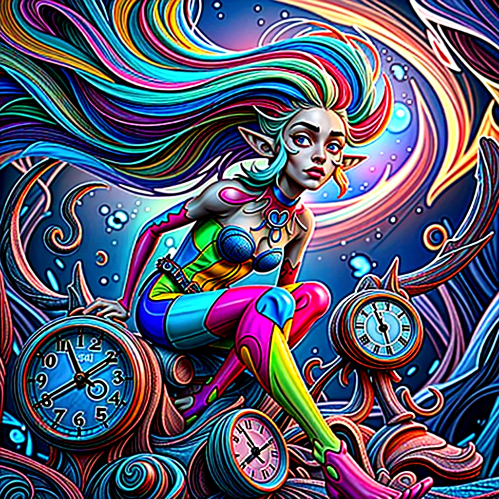 A captivating 3D rendered masterpiece by Mr. Cepriu, featuring a whimsical and fantastical elf with a stunning, colorful appearance. The elf's body is adorned in bright neon multicolor latex, with ultra-detailed glass eyes that vividly express emotions. Flowing neon multicolor hair cascades down, swirling and creating a mesmerizing aura that resembles a rainbow. The elf is perched among surreal twisted clocks reminiscent of Dalí's work, set within a dreamlike and mystical landscape. The high-resolution rendering showcases intricate details, textures, and realistic lighting and shadows. The overall atmosphere is magical, transporting the viewer into a vibrant and dreamlike astral journey., 3d render, vibrant