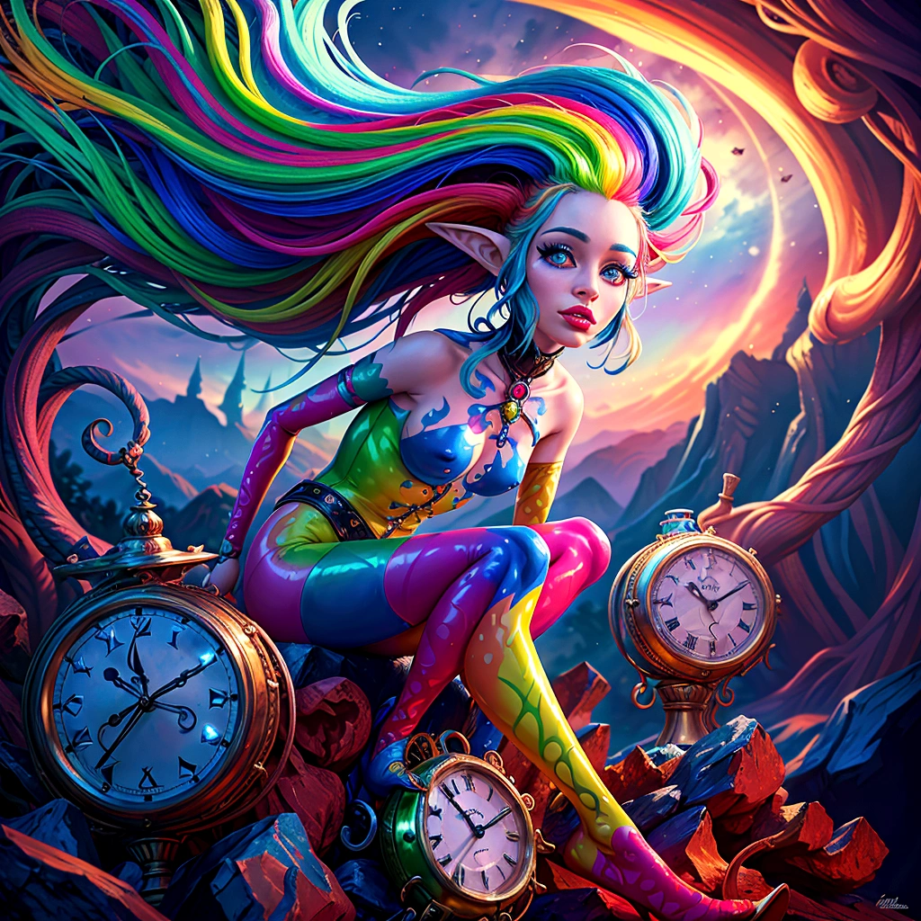 A captivating 3D rendered masterpiece by Mr. Cepriu, featuring a whimsical and fantastical elf with a stunning, colorful appearance. The elf's body is adorned in bright neon multicolor latex, with ultra-detailed glass eyes that vividly express emotions. Flowing neon multicolor hair cascades down, swirling and creating a mesmerizing aura that resembles a rainbow. The elf is perched among surreal twisted clocks reminiscent of Dalí's work, set within a dreamlike and mystical landscape. The high-resolution rendering showcases intricate details, textures, and realistic lighting and shadows. The overall atmosphere is magical, transporting the viewer into a vibrant and dreamlike astral journey., 3d render, vibrant