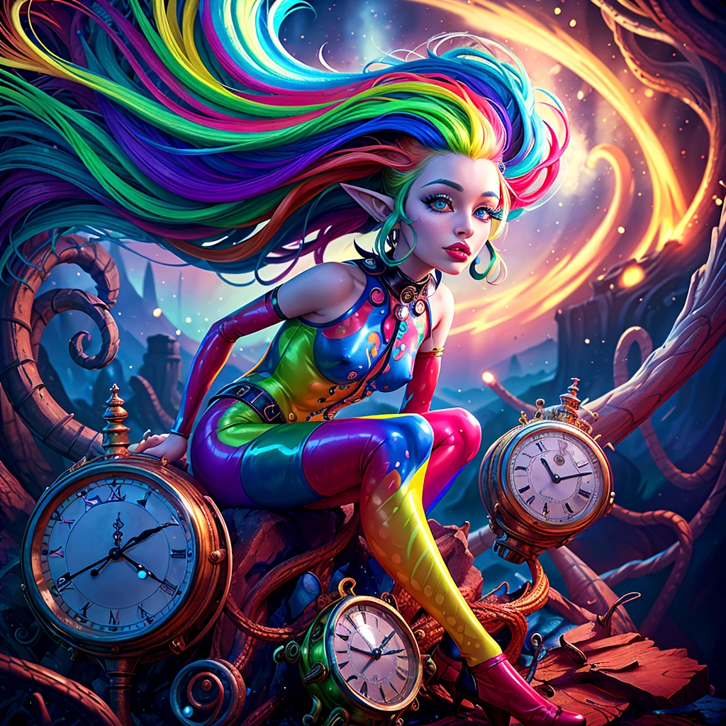 A captivating 3D rendered masterpiece by Mr. Cepriu, featuring a whimsical and fantastical elf with a stunning, colorful appearance. The elf's body is adorned in bright neon multicolor latex, with ultra-detailed glass eyes that vividly express emotions. Flowing neon multicolor hair cascades down, swirling and creating a mesmerizing aura that resembles a rainbow. The elf is perched among surreal twisted clocks reminiscent of Dalí's work, set within a dreamlike and mystical landscape. The high-resolution rendering showcases intricate details, textures, and realistic lighting and shadows. The overall atmosphere is magical, transporting the viewer into a vibrant and dreamlike astral journey., 3d render, vibrant