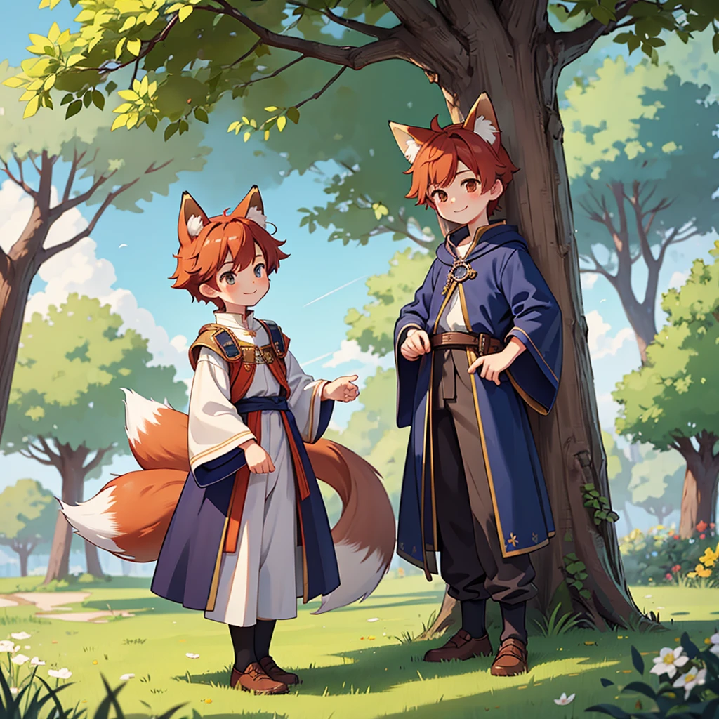 Beautiful, high quality, a 14 years old fox boy, full body, 1 boy, cute face, fox ears, auburn hair, looking at the camera, smiling, wearing a boy medieval style clothes, stand under a tree
