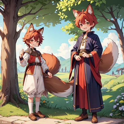 beautiful, high quality, a 14 years old fox boy, full body, 1 boy, cute face, fox ears, auburn hair, looking at the camera, smil...