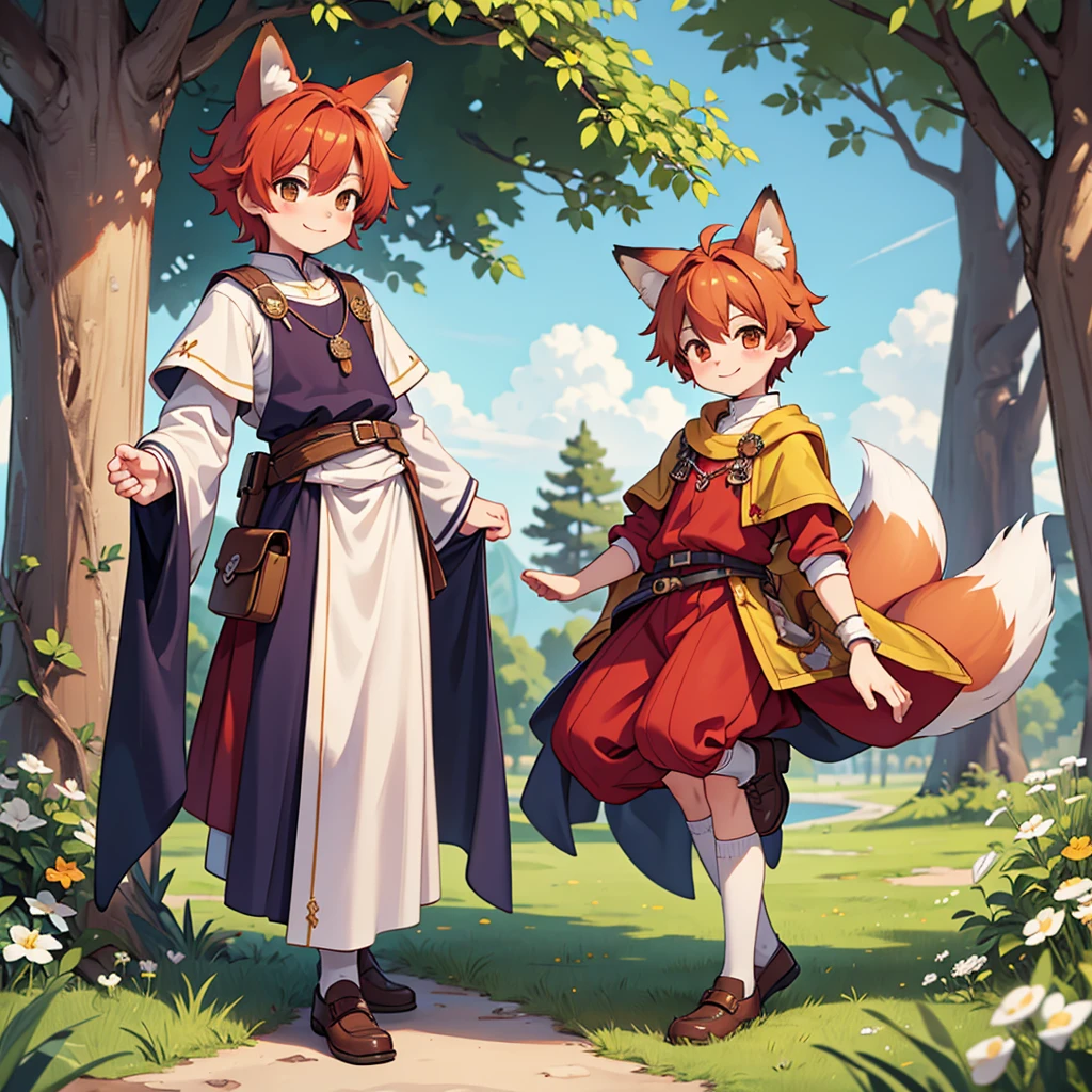 Beautiful, high quality, a 14 years old fox boy, full body, 1 boy, cute face, fox ears, auburn hair, looking at the camera, smiling, wearing a boy medieval style clothes, stand under a tree
