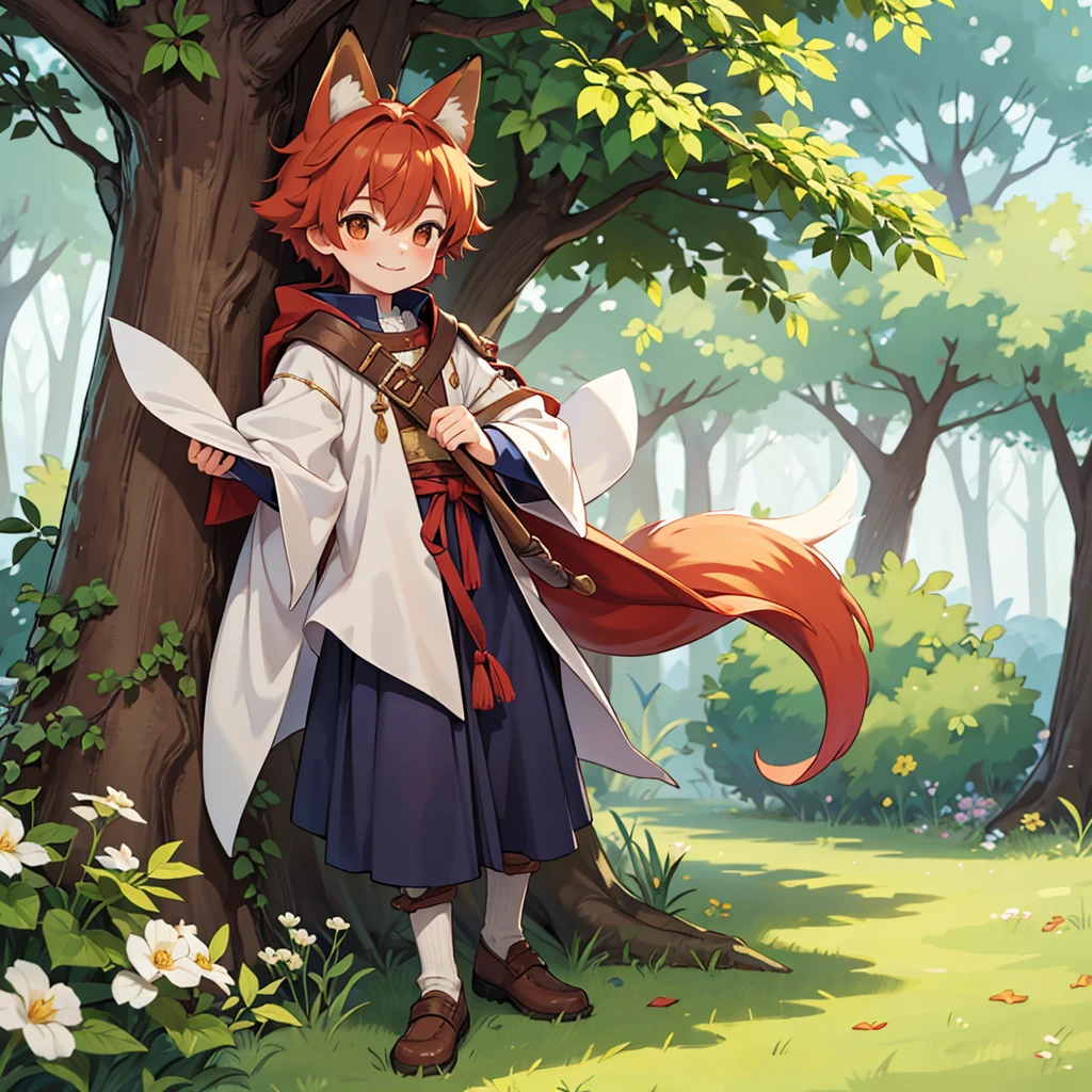 Beautiful, high quality, a  fox boy, full body, 1 boy, cute face, fox ears, auburn hair, looking at the camera, smiling, wearing a boy medieval style clothes, stand under a tree
