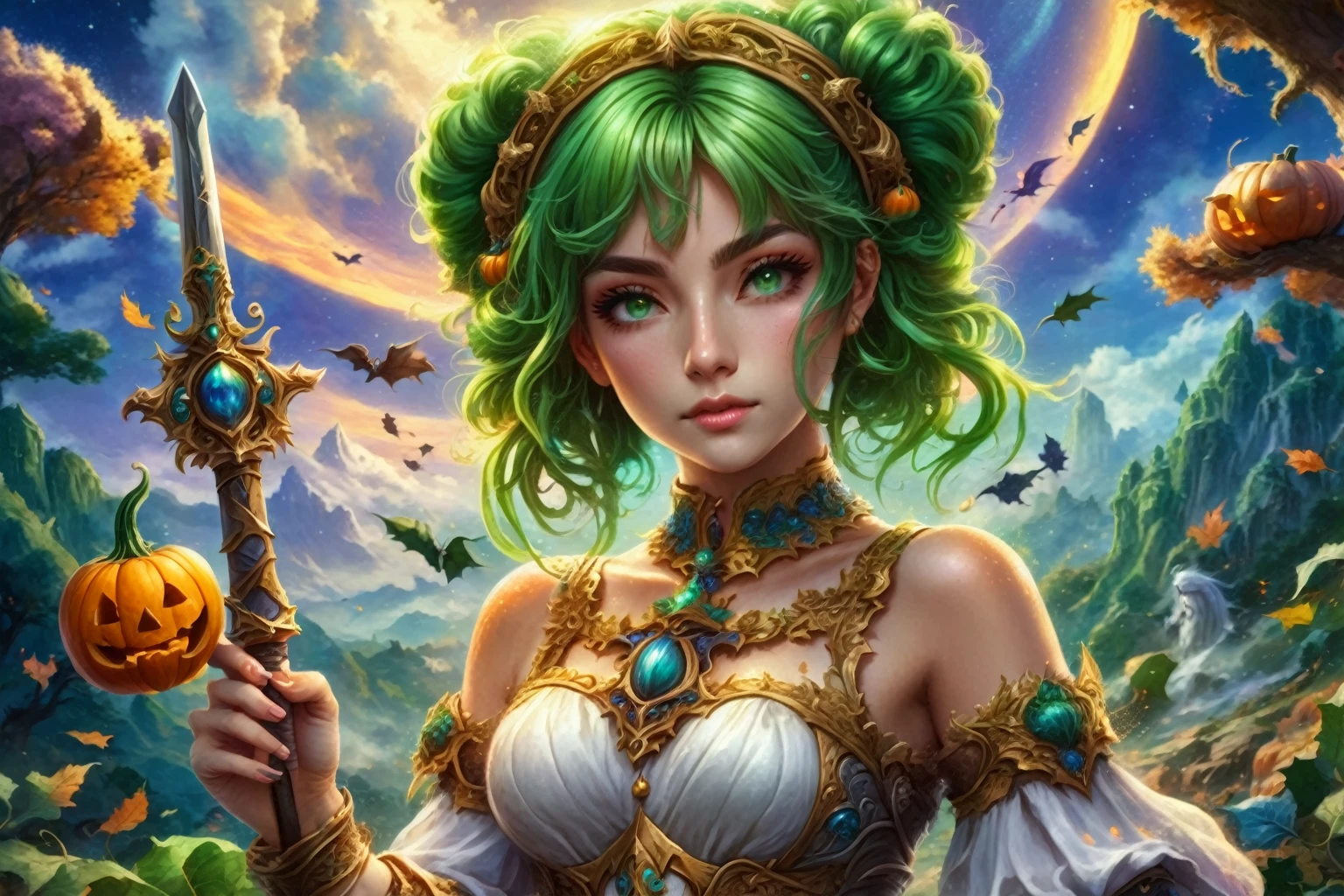 a woman in a green wig holding a sword and pumpkin, detailed fantasy digital art, detailed fantasy art, epic fantasy art style hd, fantasy style art, epic fantasy style art, epic fantasy art style, detailed digital 2d fantasy art, portrait knights of zodiac girl, 4k highly detailed digital art, epic fantasy digital art style, 4 k detail fantasy, anime fantasy artwork