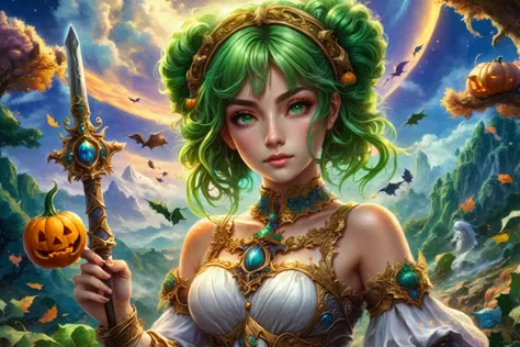 a woman in a green wig holding a sword and pumpkin, detailed fantasy digital art, detailed fantasy art, epic fantasy art style h...