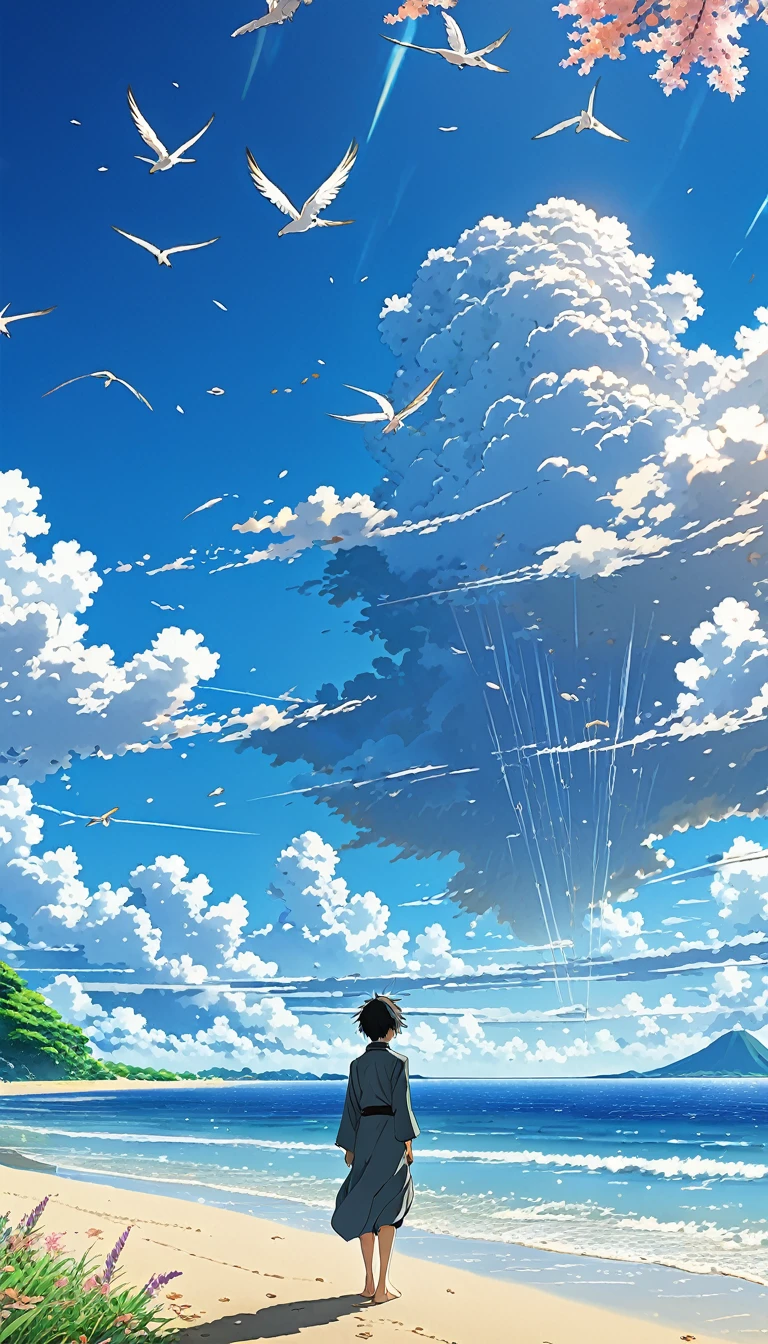 Highly detailed anime scenery, People falling from the sky 100 series poster style, The 100, Man falling into the sky々, Beautiful horizon on the beach, From afar、Feathers falling and floating, cloud, Small handwriting, Calm Sky Anime Nature Wallpaper, Beautiful scene from anime, Beautiful anime peace scenes, Makoto Shinkai Cyril Rolland, Beautiful anime scene, Awesome Wallpapers, wallpaper anime art 8k, Anime Background, Anime Art Background, Anime 4K Wallpapers, Anime Art 4K Wallpaper, Anime Art 4K Wallpaper,