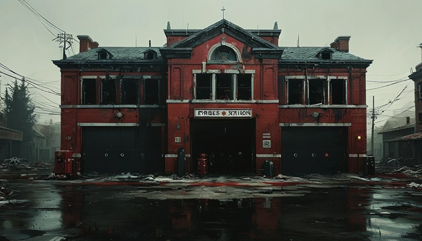 Create an abandoned fire station in an apocalyptic world surrounded by sinister zombies trying to invade