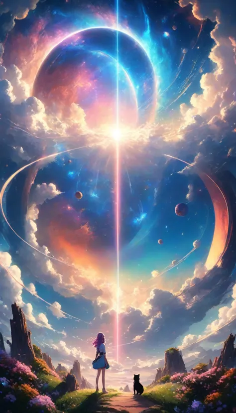 a woman standing in front of a giant blue and pink planet, epic anime artwork, birth of the universe, anime fantasy illustration...