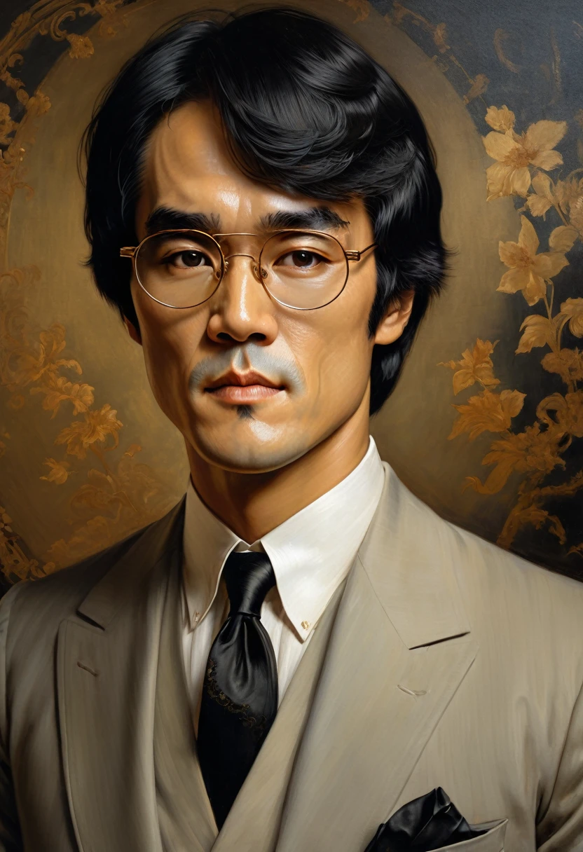 chef-d&#39;œuvre, Bruce Lee en costume et lunettes noires élégantes, portrait d&#39;Albert Lynch, Abbott Henderson Thayer, Détails élevés, Meilleure qualité, CheveuxDétail
