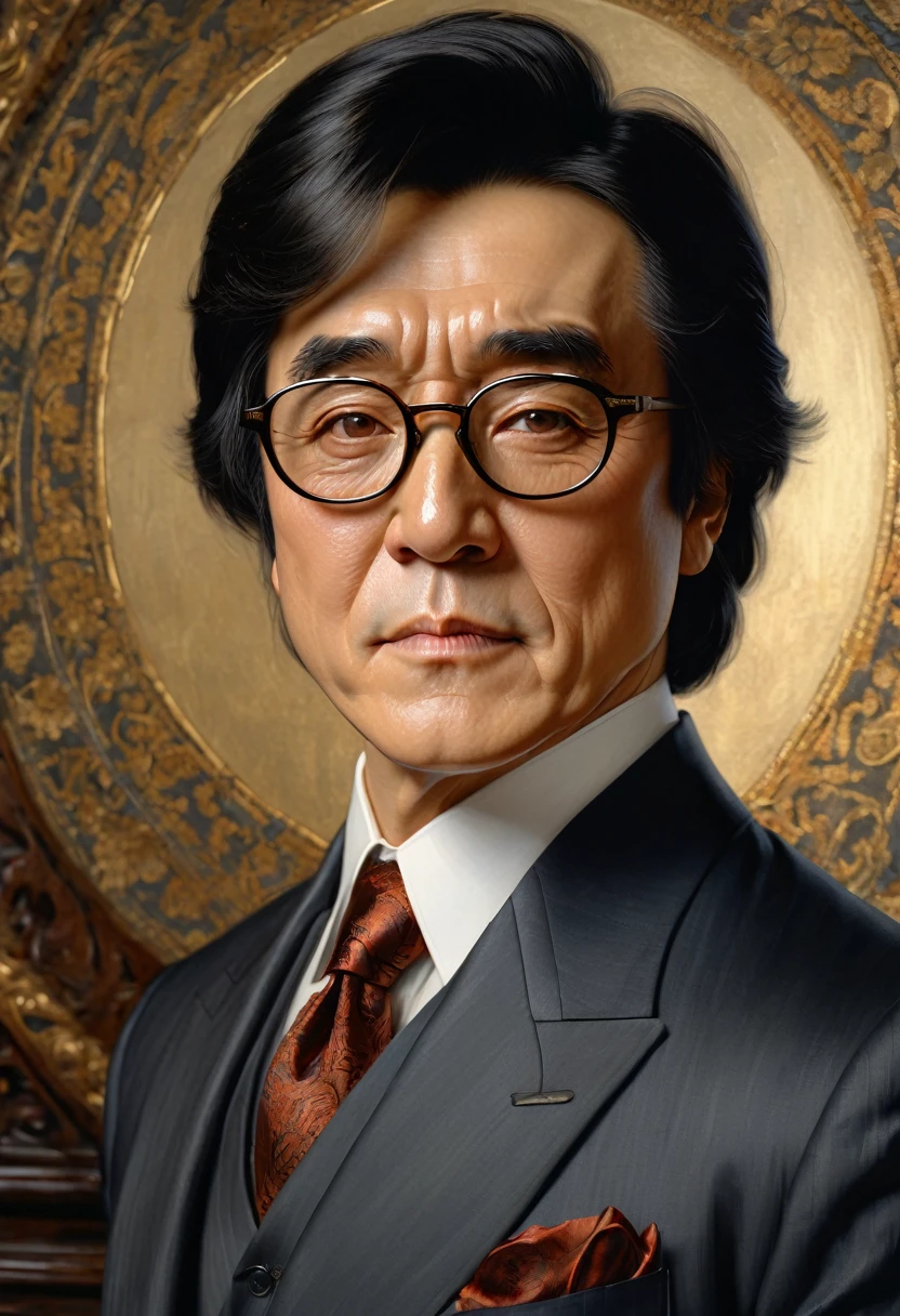 Masterpiece, Jackie Chan in a suit and darkened stylish glasses portrait of Albert Lynch, Abbott Henderson Thayer, high detail, best quality, HairDetail
