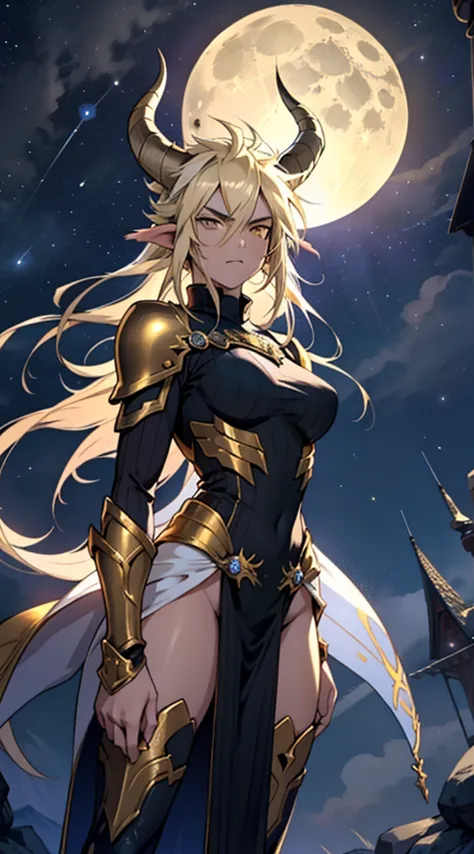 1girl,20s,beautiful girl,horns,long hair,cathyl hair,light blonde hair,gold armor,holding a golden sword,yellow eyes,,Ray Light ...