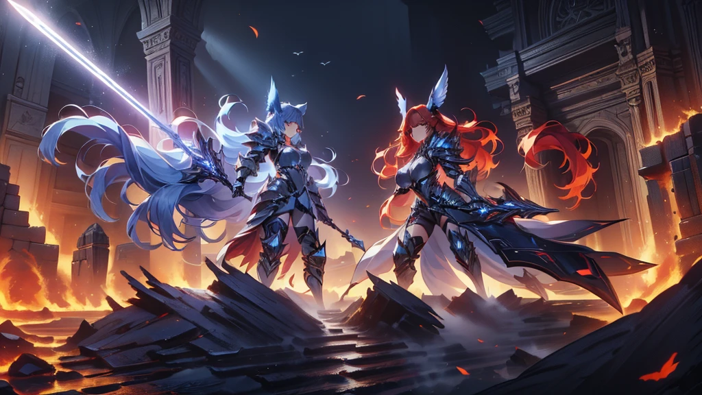 A battlefield, two women facing each other, karo. a redhead wearing dark armor, the other with sky blue hair and eyes wearing armor of light, their legendary swords stuck in battle, (Facial expression: anger/Will), wearing mystical armor, one with an aura of light, the other with a dark aura, best qualityer, masterprice, raytracing, face detailed, 8 k wallpaper, (high resolution), breasts big, open armor, animal ears, bangss, fox ears, fox tail,