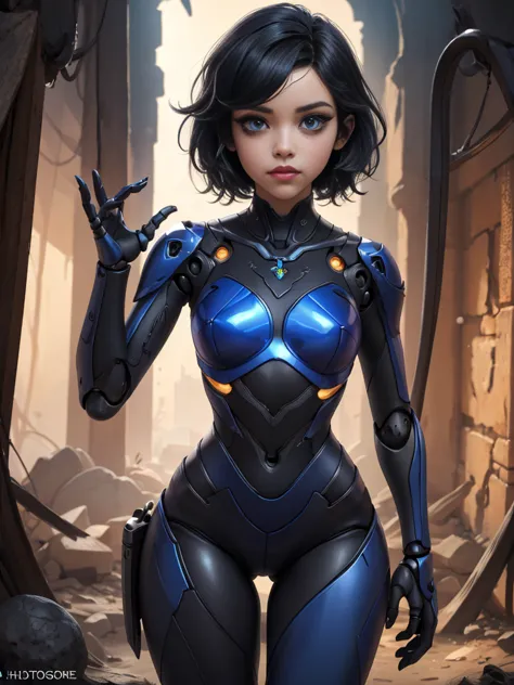 high resolution, ultradetailed, 1 girl, (short black hair:1.2), (Blue tight latex suit:1.1), (dungeon ruins background:1.2 ), 16...