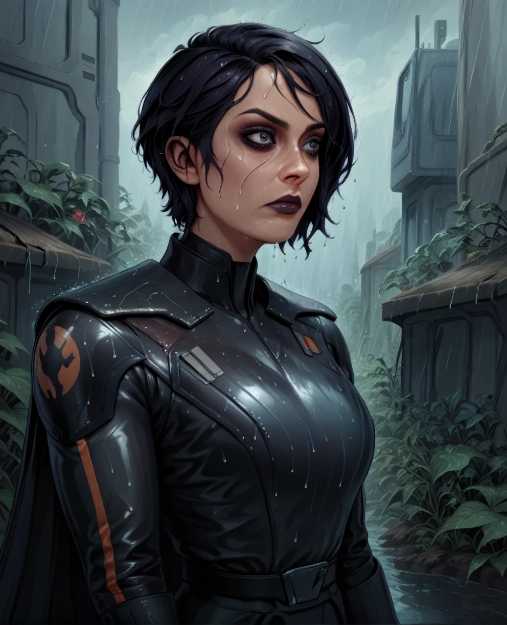 score_9,score_8_up,score_7_up,score_6_up, sabine wren ,,black hair, upper body, wet, armor,gloves,black bodysuit,black cape,belt,rain, science fiction,sith base, star wars, outdoors, rain, solo,fflixbag wearing armor sabine wren
