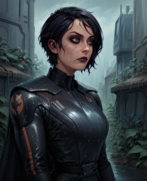 score_9,score_8_up,score_7_up,score_6_up, sabine wren ,,black hair, upper body, wet, armor,gloves,black bodysuit,black cape,belt...