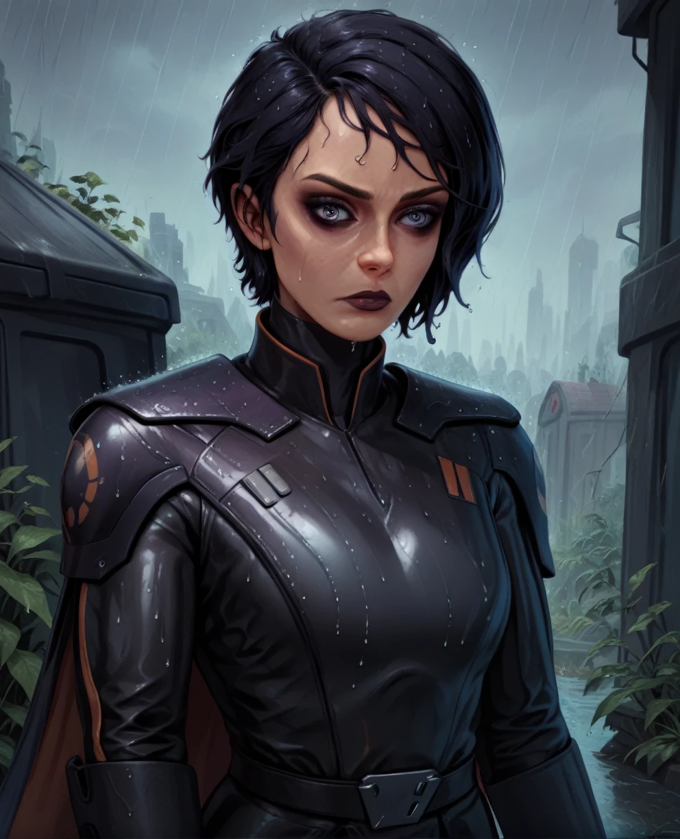 score_9,score_8_up,score_7_up,score_6_up, sabine wren ,,black hair, upper body, wet, armor,gloves,black bodysuit,black cape,belt,rain, science fiction,sith base, star wars, outdoors, rain, solo,fflixbag wearing armor sabine wren
