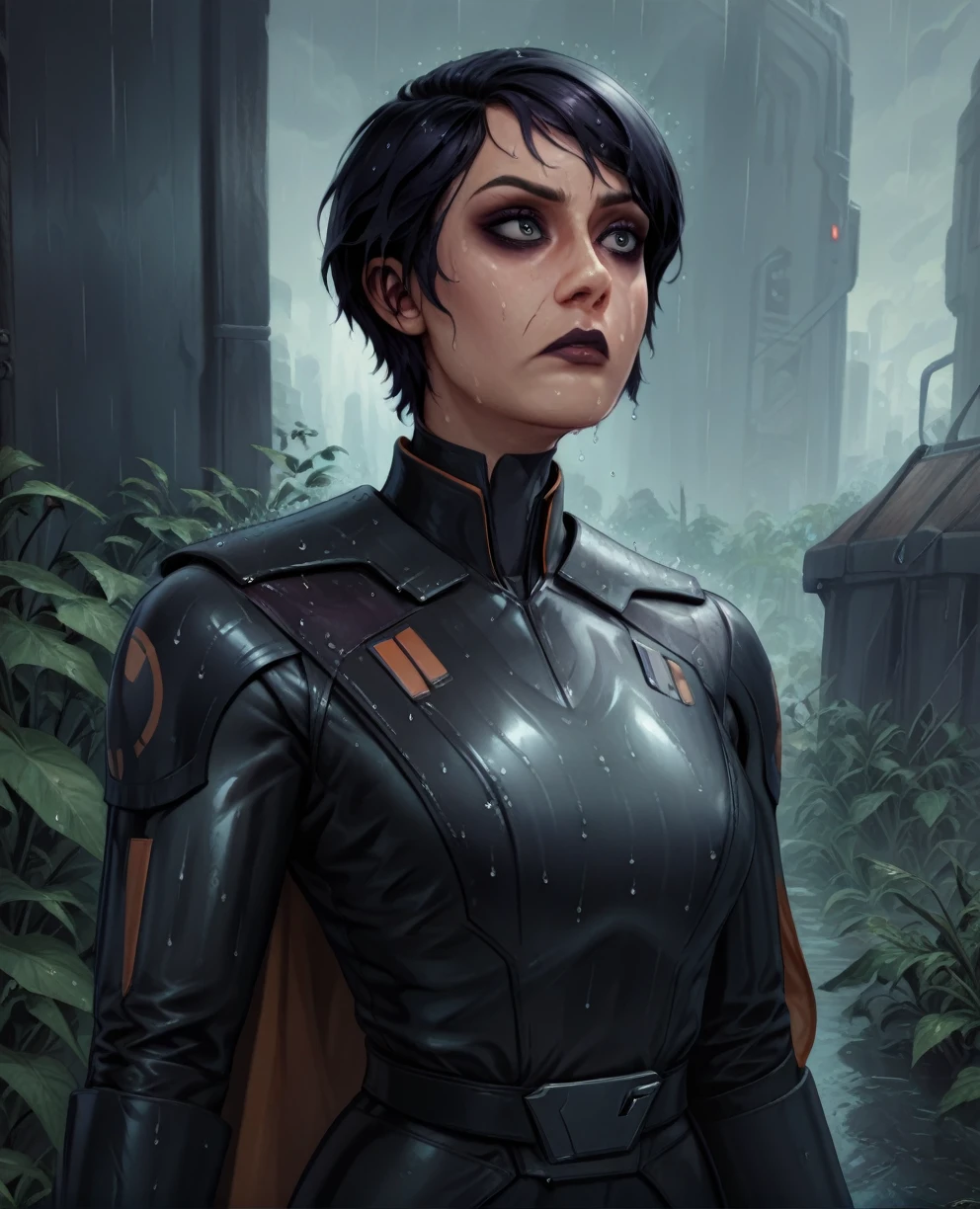 score_9,score_8_up,score_7_up,score_6_up, sabine wren ,,black hair, upper body, wet, armor,gloves,black bodysuit,black cape,belt,rain, science fiction,sith base, star wars, outdoors, rain, solo,fflixbag wearing armor sabine wren
