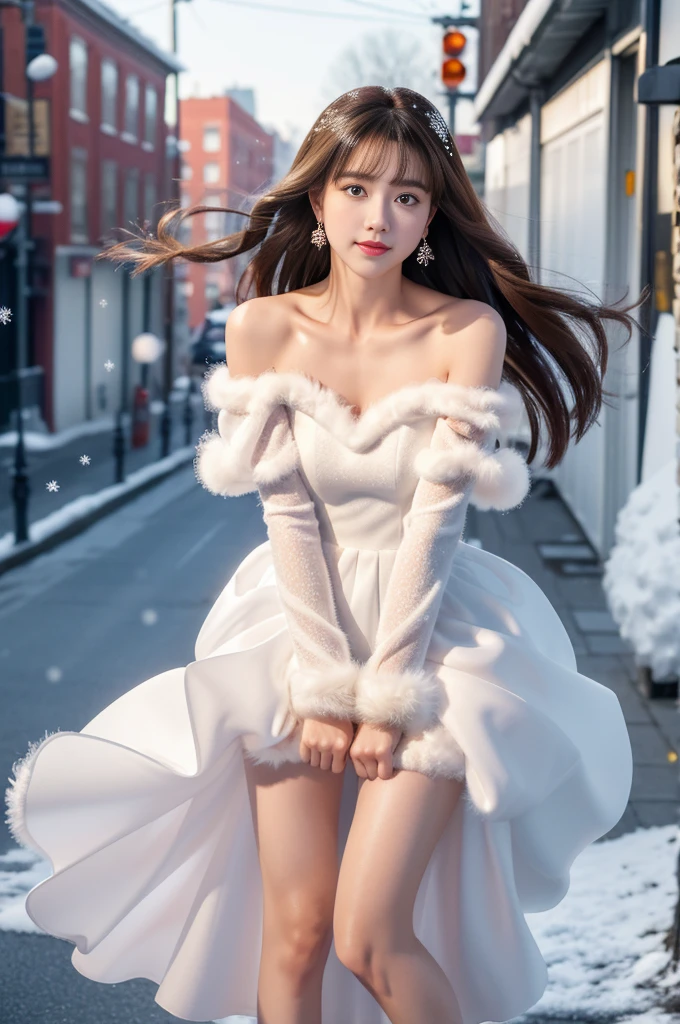 8k，tmasterpiece、quality、ultra - detailed、Master workarilyn Takiocus on the thighs and above，Clear face，（Best quality）， beuaty girl：1.5、((Red fluffy off-shoulder dress style))，long hair fluttering，Snowflake earrings、snowflakes falling、bblurry、the street，