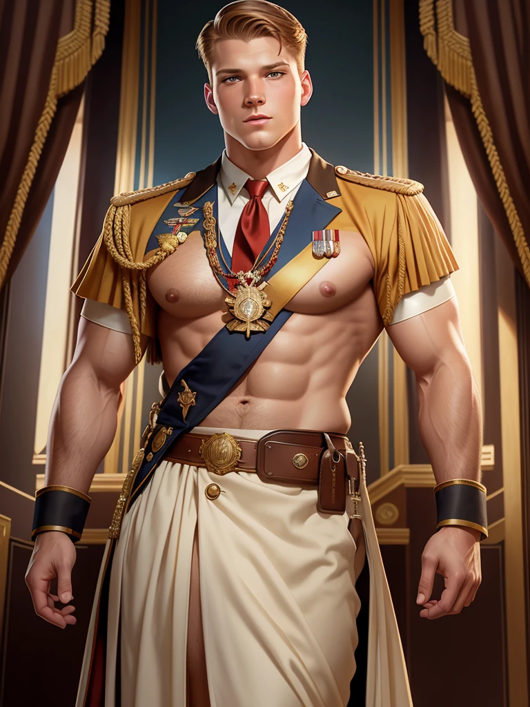 illustration in Leyendecker style: muscular, hairy chest and belly Alexander Ludwig, Big Dick - Lieutenant Roy Pierce in full dress uniform, "Midway"