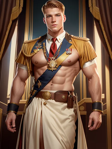 illustration in Leyendecker style: muscular, hairy chest and belly Alexander Ludwig, Big Dick - Lieutenant Roy Pierce in full dr...