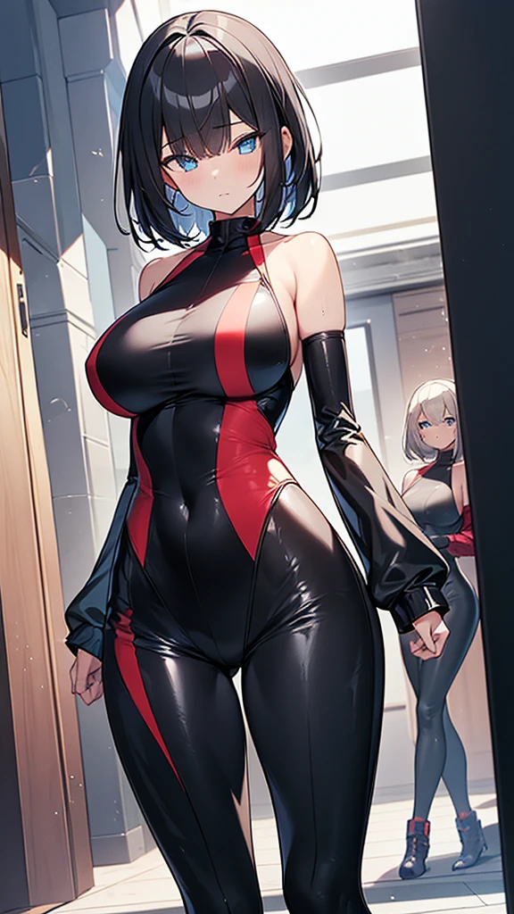 (Highly detailed CG Unity 32k wallpaper,masterpiece, Biological, whole body),(Best lighting, Best Shadow, Very delicate and beautiful),(two girl),blue eyes, Big Breasts,Bouncing chest, Black Hair,Bobcut,Red and black and White off-the-shoulder revealing high-cut SF bodysuit,One-piece swimsuit-style clothing,Clothes that emphasize the chest,Neck Seal,High-tech sci-fi corridor, Dynamic pose, Detailed Machinery, Sleek design.,My crotch is wet, {{An extraterrestrial lifeform preys on girls and takes their place、Her breasts are bigger than a real girl&#39;s、Suitable for the mother、Looking for a breeding partner、The  of the girl he preyed on was next to him.}}, Unknown sensation, Feels good, Vigorous movement, more, instinct, Female fall, Bouncing chest, loose, loose, Next to a real girl skeleton, NSFW