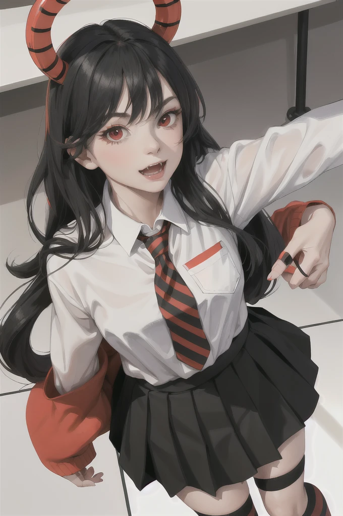 absurdres, best quality, 1girl, solo, looking at viewer, eye focus,  LucoaDM, CasualCL, long straight orange and black hair,red eyes,red and black striped skirt,red striped tie,white uniform,black socks,fangs