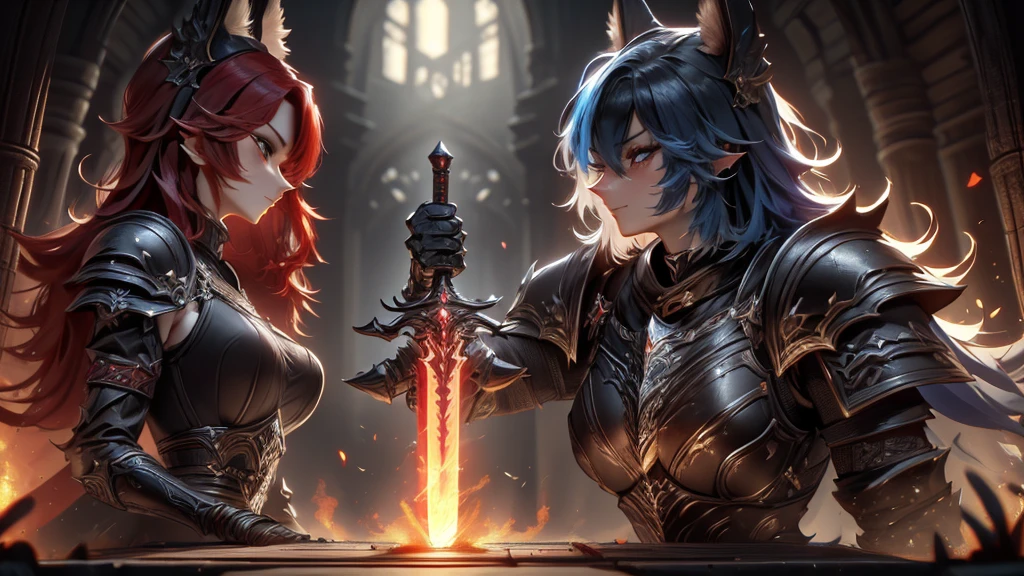 A battlefield, two women facing each other, karo. a redhead wearing dark armor, the other with sky blue hair and eyes wearing armor of light, their legendary swords stuck in battle, (Facial expression: anger/Will), wearing mystical armor, one with an aura of light, the other with a dark aura, best qualityer, masterprice, raytracing, face detailed, 8 k wallpaper, (high resolution), breasts big, open armor, animal ears, bangss, fox ears, fox tail,