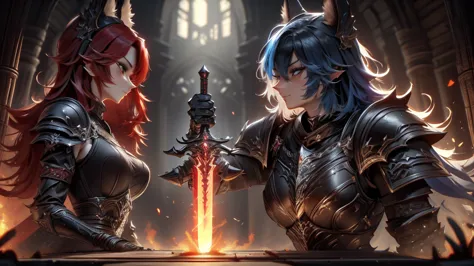 a battlefield, two women facing each other, karo. a redhead wearing dark armor, the other with sky blue hair and eyes wearing ar...