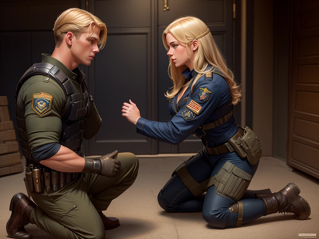  Leyendecker style illustration of a blonde Navy SEAL making love to a girl. He is dressed in a Kevlar body armor, the girl is kneeling in front of him, unbuttoning his trousers and underpants.