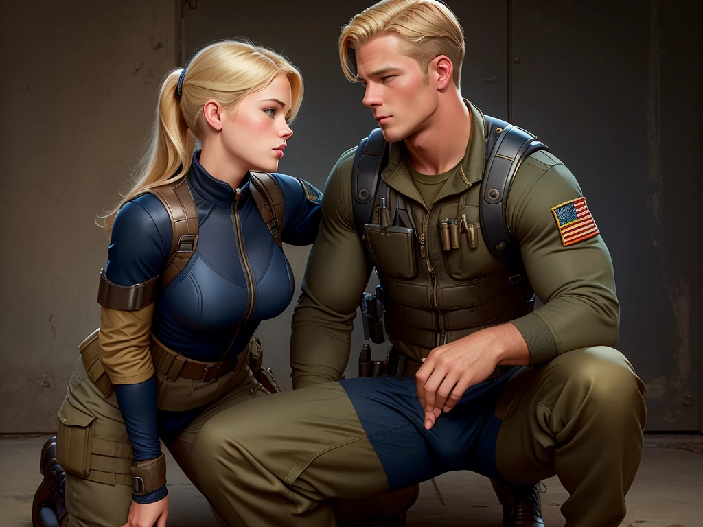  Leyendecker style illustration of a blonde Navy SEAL making love to a girl. He is dressed in a Kevlar body armor, the girl is kneeling in front of him, unbuttoning his trousers and underpants.