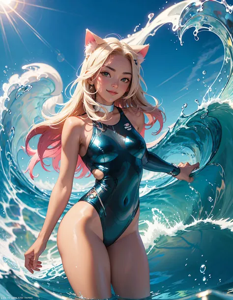 The bright sun shines々Under the glare of the sun、Large waves create ideal conditions for surfing。An anthropomorphized cat wearin...