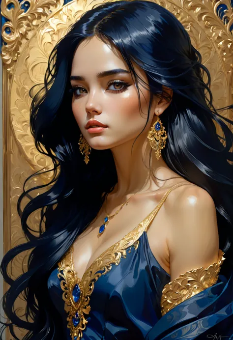 a woman with long black hair in a gold painting, in the style of charlie bowater, dark blue and dark black, michael garmash, com...