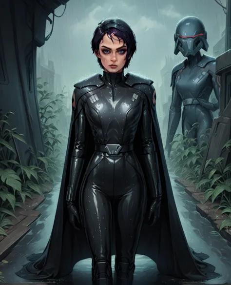 score_9,score_8_up,score_7_up,score_6_up, sabine wren ,,black hair, full body, wet, armor,gloves,black bodysuit,black cape,belt,...