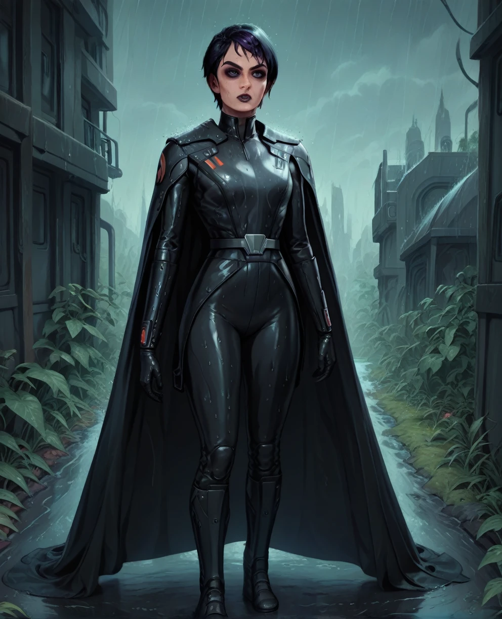 score_9,score_8_up,score_7_up,score_6_up, sabine wren ,,black hair, FULL body, wet, armor,gloves,black bodysuit,black cape,belt,rain, science fiction,sith base, star wars, outdoors, rain, solo,fflixbag wearing armor sabine wren
