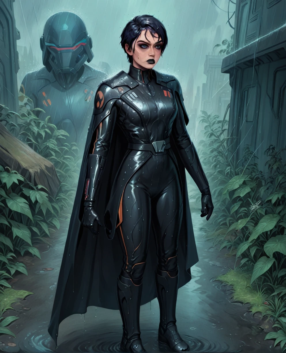 score_9,score_8_up,score_7_up,score_6_up, sabine wren ,,black hair, FULL body, wet, armor,gloves,black bodysuit,black cape,belt,rain, science fiction,sith base, star wars, outdoors, rain, solo,fflixbag wearing armor sabine wren
