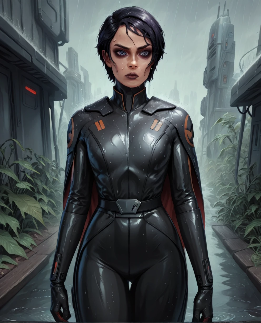 score_9,score_8_up,score_7_up,score_6_up, sabine wren ,,black hair, FULL body, wet, armor,gloves,black bodysuit,black cape,belt,rain, science fiction,sith base, star wars, outdoors, rain, solo,fflixbag wearing armor sabine wren
