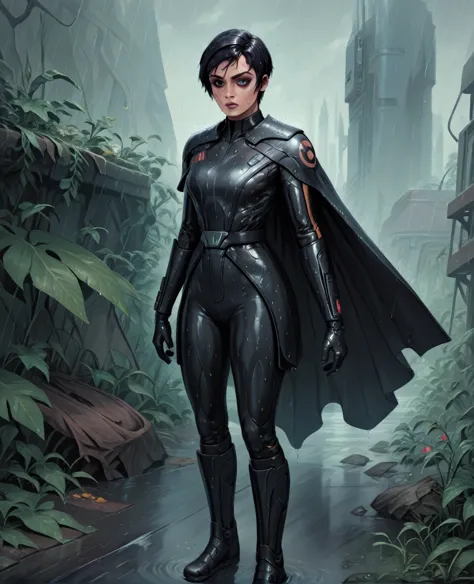 score_9,score_8_up,score_7_up,score_6_up, sabine wren ,,black hair, full body, wet, armor,gloves,black bodysuit,black cape,belt,...