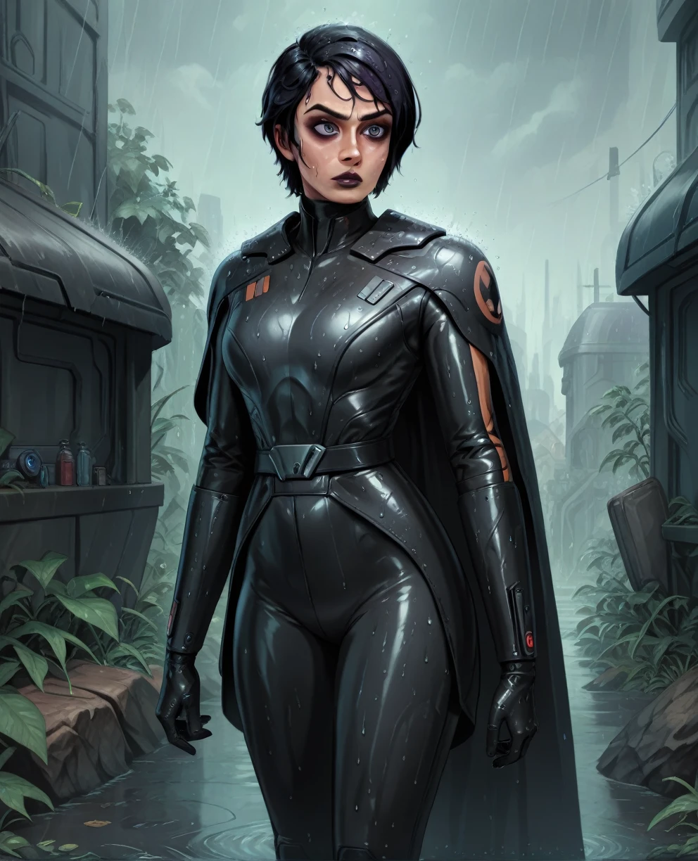 score_9,score_8_up,score_7_up,score_6_up, sabine wren ,,black hair, FULL body, wet, armor,gloves,black bodysuit,black cape,belt,rain, science fiction,sith base, star wars, outdoors, rain, solo,fflixbag wearing armor sabine wren
