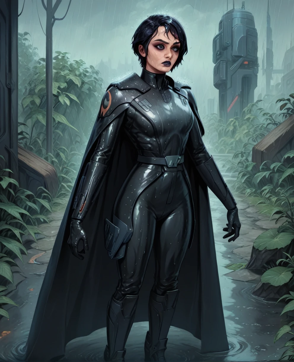 score_9,score_8_up,score_7_up,score_6_up, sabine wren ,,black hair, FULL body, wet, armor,gloves,black bodysuit,black cape,belt,rain, science fiction,sith base, star wars, outdoors, rain, solo,fflixbag wearing armor sabine wren
