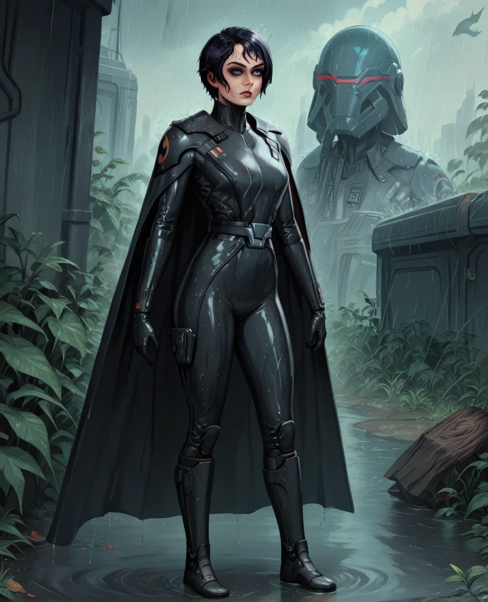 score_9,score_8_up,score_7_up,score_6_up, sabine wren ,,black hair, FULL body, wet, armor,gloves,black bodysuit,black cape,belt,rain, science fiction,sith base, star wars, outdoors, rain, solo,fflixbag wearing armor sabine wren
