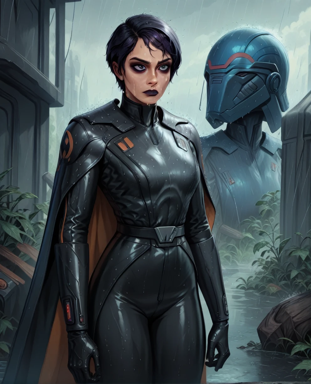 score_9,score_8_up,score_7_up,score_6_up, sabine wren ,,black hair, FULL body, wet, armor,gloves,black bodysuit,black cape,belt,rain, science fiction,sith base, star wars, outdoors, rain, solo,fflixbag wearing armor sabine wren
