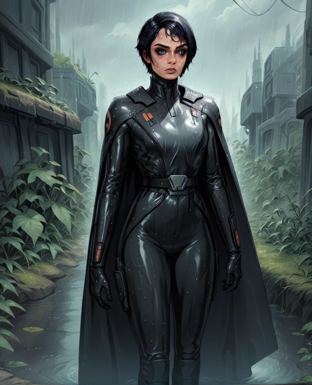 score_9,score_8_up,score_7_up,score_6_up, sabine wren ,,black hair, FULL body, wet, armor,gloves,black bodysuit,black cape,belt,rain, science fiction,sith base, star wars, outdoors, rain, solo,fflixbag wearing armor sabine wren
