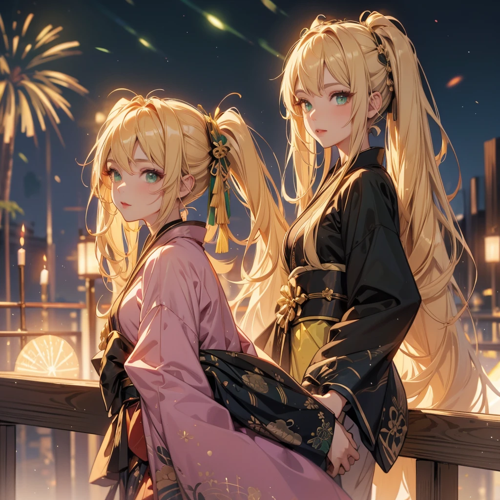 Layla , kimono night in firework , blonde hair, pigtailed haired , long hair , green eyes