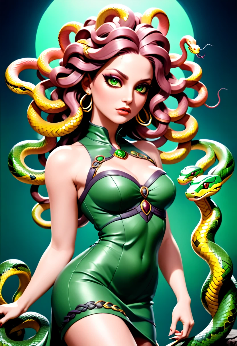 dark fantasy art a medusa having (snake twin braids: 1.5) a most beautiful medusa, reptilian eyes, pale skin, having twin snake braids, ((only two braids made from living snakes: 1.3)) each braid a snake coming out the medusa head, living snake, hissing snake,  on the medusa head, she wears intricate leather dress, thigh high heeled boots, modern bar background,  dynamic range, vibrant, Ultra-high resolution, High Contrast, (masterpiece:1.5), highest quality, Best aesthetics), best details, best quality, highres, ultra wide angle, 16k, [ultra detailed], masterpiece, best quality, (extremely detailed), Intense Gaze, Medusa, sn4k3h41r, snake hair,