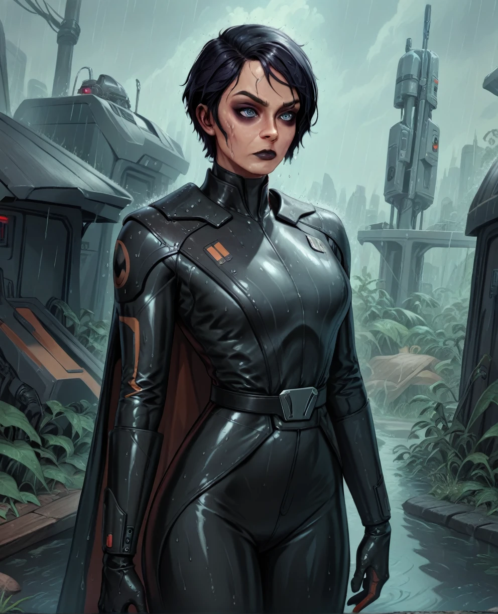 score_9,score_8_up,score_7_up,score_6_up, sabine wren ,,black hair, FULL body, wet, armor,gloves,black bodysuit,black cape,belt,rain, science fiction,sith base, star wars, outdoors, rain, solo,fflixbag wearing armor sabine wren
