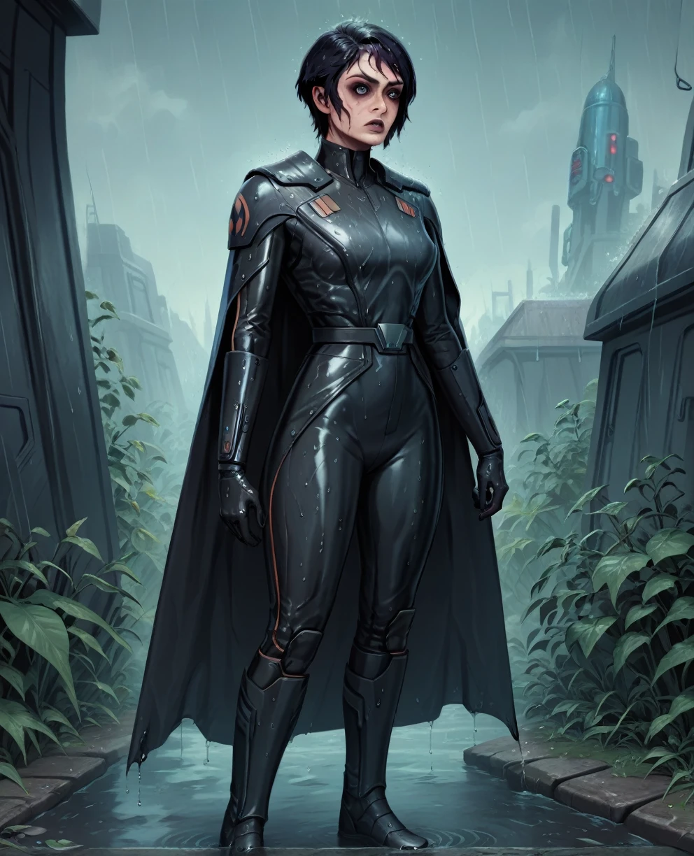 score_9,score_8_up,score_7_up,score_6_up, sabine wren ,,black hair, FULL body, wet, armor,gloves,black bodysuit,black cape,belt,rain, science fiction,sith base, star wars, outdoors, rain, solo,fflixbag wearing armor sabine wren
