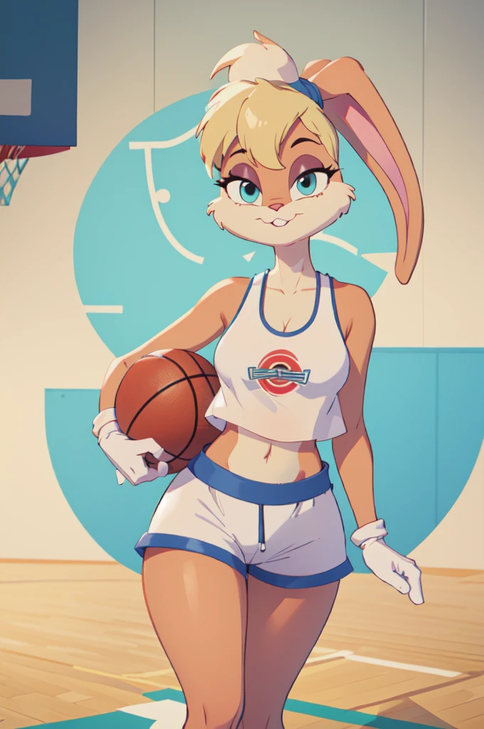 masterpiece, best quality, 1girl, solo, looking at viewer, breasts,  lolabunny, furry, white shorts, white gloves, tank top, sportswear, basketball court, holding basketball, see through clothes