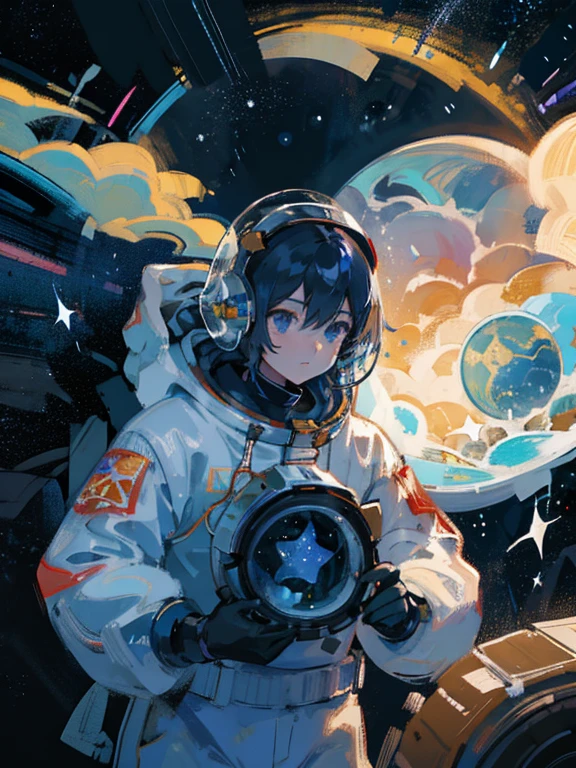 In this illustration, an astronaut is in a weightless state, suspended in the vast universe. He was wearing a silver space suit, his gaze fixed and curious through the glass of his helmet. Surrounded by brilliant stars, the Milky Way flows, comets streak across the sky, and nebulae slowly rotate, together forming a grand picture of the universe. The existence of astronauts symbolizes humanity's endless dreams and exploratory spirit towards the universe,Astronaut, weightless state, universe, stars, Milky Way, spacesuit, helmet, glass, eyes, curiosity, longing, cosmic space, galaxy, comet, light, nebula, dancer, stage, life, melody, dream, exploratory spirit, boundaries