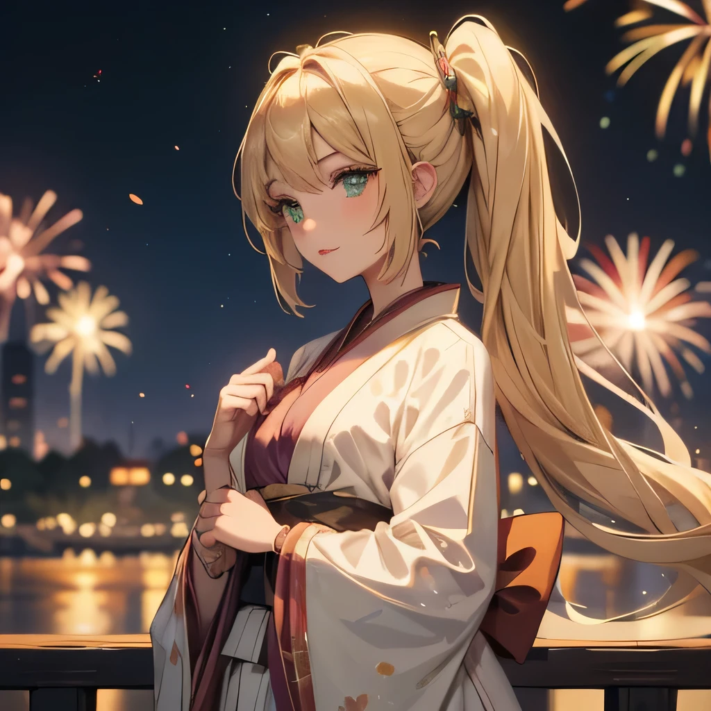 Layla , kimono night in firework , blonde hair, pigtailed haired , long hair , green eyes